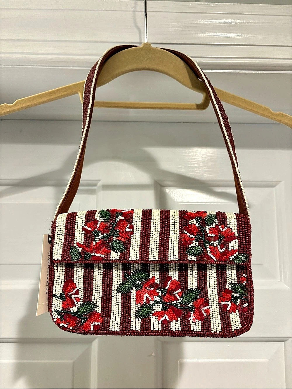 Anthropologie The Fiona Beaded Bag: Floral Edition Burgundy & Cream
